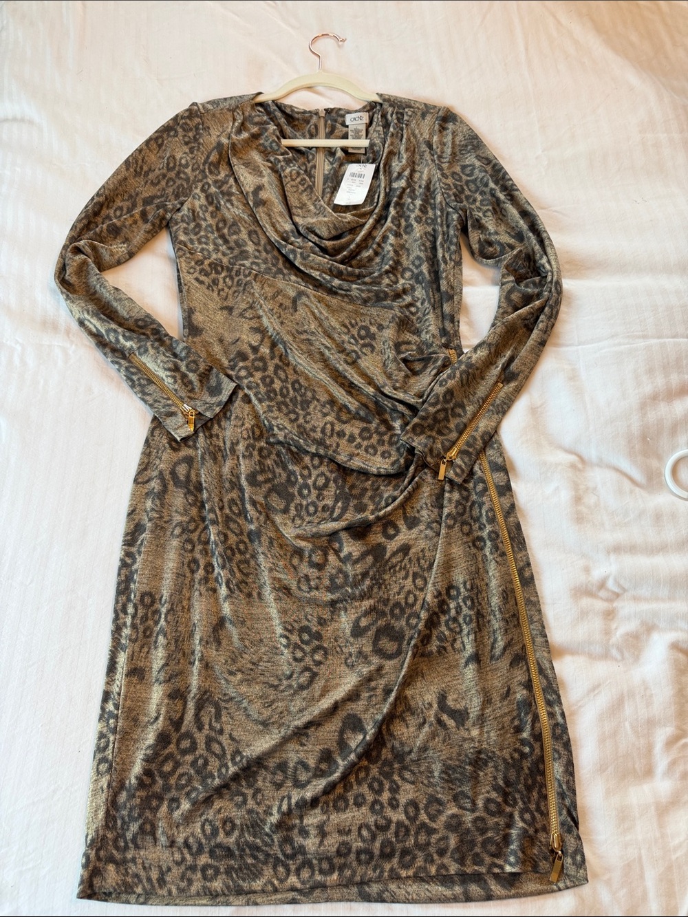 Cache Brown Leopard Print Long Sleeve Cowl Neck Dress with Gold Zippers